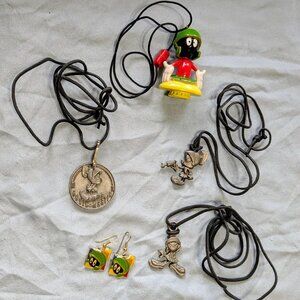 Vintage Marvin the Martian Pewter Pendant Leather Necklaces and Enamel Earrings